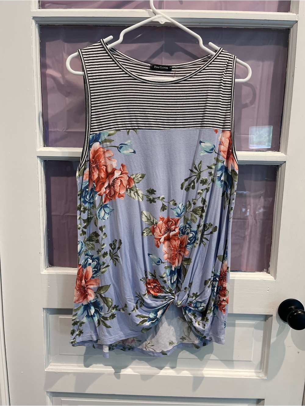 Pink Clover Lavender Floral & Striped Twist-Hem Tank